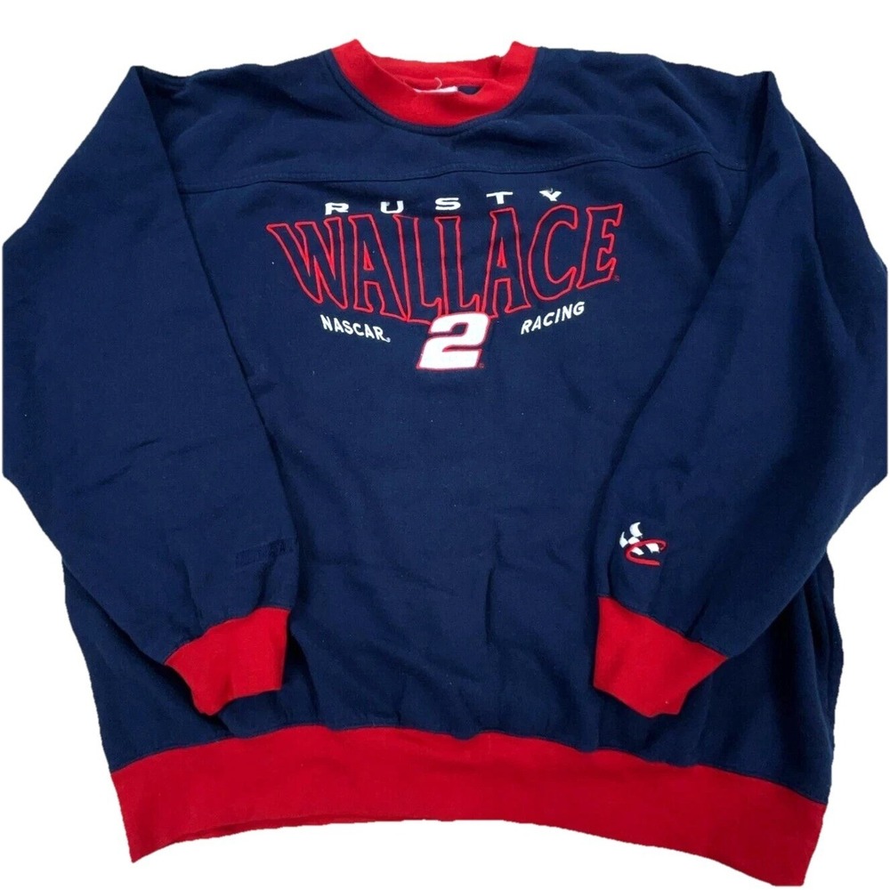 Vintage‎ Nascar Sweatshirt Men XL Blue Crewneck Sweater Rusty Wallace 90s Y2K